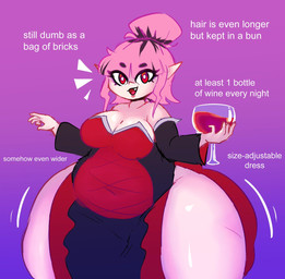 alcohol belly beverage big_belly big_breasts big_butt bottom_heavy breasts butt cleavage clothed clothing fangs female hair huge_butt huge_thighs humanoid_pointy_ears hyper hyper_butt hyper_thighs looking_at_viewer motion_lines not_furry open_mouth overweight overweight_female overweight_humanoid pink_hair pointy_ears red_eyes side_boob smile solo teeth text thick_thighs wine mysterydad elise_(mysterydad) humanoid vampire english_text