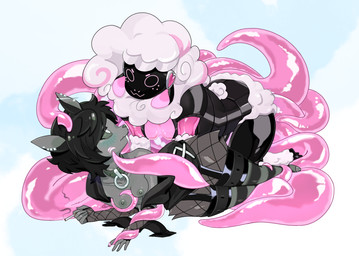 alternative_fashion anthro black_body black_fur breasts cigarette collarbone duo ear_piercing female female/female fluffy fur goth machine piercing pink_tentacles robotic simple_background smile tentacles wool_(fur) dyellogin batgirl bat bovid caprine mammal protogen sheep hi_res
