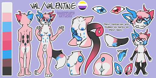 ambiguous_gender animal_genitalia animal_penis anthro anus armwear back_tentacles balls biped black_body black_fur blue_anus blue_body blue_cum blue_eyes blue_fur blue_hair blue_insides blue_nipples blue_nose blue_penis blue_vulva bodily_fluids breasts butt butt_heart candy canine_genitalia canine_penis cheek_tuft chest_tuft chocolate clothing color_swatch colored_cum cum cyanotic_epithelium dessert elbow_gloves eyes_closed eyewear facial_tuft fangs featureless_crotch food fully_sheathed fur genital_fluids genitals glasses gloves hair handwear heart_glasses herm horn intersex knot legwear lgbt_pride multi_nipple nipples nonbinary_pride_colors penis pink_body pink_fur pink_hair pride_colors red_eyes sheath simple_background smile solo spots star_pupils stockings studs teeth tentacles text tongue tongue_out tuft unusual_bodily_fluids unusual_cum unusual_genital_fluids vulva white_body white_fur shadepiplup10 val_the_fox antelope bovid canid canine fox gazelle hybrid mammal 2022 2:1 colored digital_drawing_(artwork) digital_media_(artwork) english_text hi_res model_sheet watermark nonbinary_(lore)