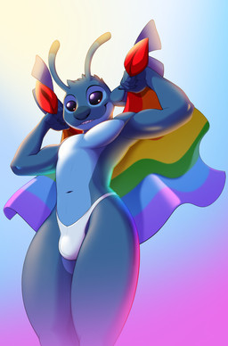 5_fingers antennae_(anatomy) anthro athletic athletic_anthro athletic_male blue_body blue_claws blue_finger_claws blue_fur blue_nose bulge claws clothed clothing dipstick_antennae finger_claws fingers flag flag_(object) fur gradient_background holding_flag holding_object humanoid_hands lgbt_pride male multicolored_antennae navel notched_ear pride_colors rainbow_flag rainbow_pride_flag rainbow_symbol simple_background slim_anthro slim_male smile solo speedo speedo_only standing swimwear topless white_clothing white_speedo white_swimwear shiuk 6/26 disney lgbt_pride_month lilo_and_stitch stitch_(lilo_and_stitch) alien experiment_(lilo_and_stitch) 2026 absurd_res digital_drawing_(artwork) digital_media_(artwork) hi_res