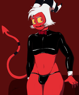bed black_clothing black_thong black_underwear blush bodily_fluids bow_tie bulge clothing cuffs_(clothing) femboy freckles furniture glistening glistening_eyes hair horn latex latex_clothing looking_away male monotone_body navel on_bed panties pointed_tail red_background red_body red_eyes sharp_teeth simple_background sitting sitting_on_bed solo spade_tail sweat sweatdrop tail teeth thick_thighs thong underwear white_hair yellow_sclera joemus hellaverse helluva_boss moxxie_(helluva_boss) demon imp 2023 hi_res