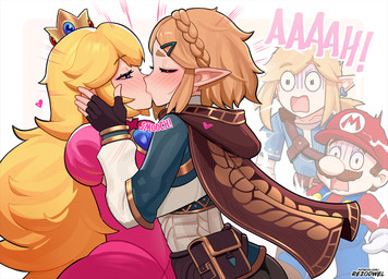blonde_hair blush blush_lines braided_hair clothed clothed_female clothed_human clothed_humanoid clothed_male clothing crown duo_focus ear_piercing ear_ring eyes_closed female female/female fingerless_gloves fully_clothed fully_clothed_female fully_clothed_human fully_clothed_humanoid fully_clothed_male gloves group hair handwear headgear humanoid_pointy_ears kissing long_hair male not_furry open_mouth piercing pointy_ears ring_piercing shocked short_hair rezodwel mario_bros nintendo tears_of_the_kingdom the_legend_of_zelda link mario princess_peach princess_zelda human humanoid hylian mammal crossover hi_res