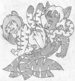 anatomically_correct anatomically_correct_genitalia anatomically_correct_penis animal_genitalia animal_penis anthro arm_support balls barefoot bodily_fluids cum cum_from_ass cum_in_ass cum_inside cute_fangs duo erection fangs feet feline_genitalia feline_penis fur genital_fluids genitals leaning leaning_forward looking_back male male/male multi_tail naughty_face nude one_leg_up open_mouth penile_spines penis raised_leg reclining sheath simple_background stripes tail teeth tongue tongue_out mizzyam felid mammal absurd_res character_request graphite_(artwork) greyscale hi_res monochrome traditional_media_(artwork)