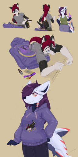 anthro anthro_to_inanimate bottomwear clothing clothing_transformation duo eyewear female glasses hair hoodie inanimate_transformation magic male pants ponytail purple_clothing purple_hair purple_hoodie purple_topwear red_hair simple_background smile surprised tail topwear transformation anthromage oubliette_(simmplicity) simmplicity_(character) aquatic canid canine canis fish mammal shark wolf 2025 absurd_res hi_res