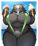 5_fingers :3 ahoge anthro beach belly big_breasts bikini biped black_body black_claws black_ears black_fur black_hair blush border breasts bulging_breasts cheek_tuft claws cleavage clothed clothing cloud crotch_tuft curvy_figure cute_fangs day deep_navel dessert detailed_background eating eating_food facial_piercing facial_tuft fangs female female_anthro finger_claws fingers fluffy food front_view fur glistening glistening_body glistening_breasts glistening_fur glistening_hair green_clothing green_swimwear grey_body grey_breasts grey_fur grey_hair grey_inner_ear hair hair_over_eyes heart_symbol holding_food holding_ice_cream holding_ice_cream_cone holding_object huge_breasts huge_hips huge_thighs humanoid_hands ice_cream ice_cream_cone kemono mane mane_hair markings midriff mouth_hold multi_hair_tones multicolored_body multicolored_fur multicolored_hair musical_note musical_symbol navel neck_tuft nose_piercing nose_ring one-piece_swimsuit outline_heart outside outside_border overweight overweight_anthro overweight_female piercing pink_nose popsicle popsicle_in_mouth ring_piercing sand sea seaside sky sling_bikini snaggle_tooth solo standing swimwear symbol teeth thick_thighs tuft two-piece_swimsuit voluptuous water white_body white_border white_fur white_hair white_markings wide_hips shibaemonxsk bear black_bear mammal moon_bear ursine 2023 colored digital_media_(artwork) hi_res portrait shaded signature three-quarter_portrait