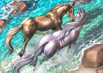 animal_genitalia animal_penis anus backsack balls beach big_flare blue_eyes brown_body brown_fur butt duo equine_genitalia equine_penis erection feral flared_penis fur genitals hooves horn huge_flare looking_at_another male male/male mane markings partially_submerged penis quadruped rail rock splash spots spotted_body spotted_fur text unguligrade water white_body white_fur white_mane rufciu mythology equid equine horse mammal mythological_creature mythological_equine unicorn hi_res shaded url