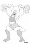 anthro beak bulge clothed clothing exercise male muscular muscular_anthro muscular_male pecs shirt solo standing tank_top teeth topwear weightlifting workout purplepardus avian bird greyscale hi_res monochrome