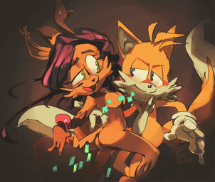 2_tails anthro breasts butt chest_tuft clothing convenient_censorship dancing duo eye_contact female fur gloves hair half-closed_eyes handwear looking_at_another male mouth_closed multi_tail narrowed_eyes nude open_mouth smile smirk tail tuft wristband edtropolis archie_comics sega sonic_the_hedgehog_(archie) sonic_the_hedgehog_(comics) sonic_the_hedgehog_(series) miles_prower nicole_the_lynx canid canine felid feline fox lynx mammal 2014 signature
