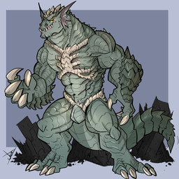 4_toes 5_fingers abs animal_genitalia anthro biped claws feet finger_claws fingers genital_slit genitals green_body male muscular muscular_anthro muscular_male nude paws pecs solo tail teeth toe_claws toes yellow_eyes vamp_arts abrax_(pyronite) monster scalie 1:1 hi_res