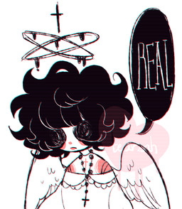 ambiguous_gender bangs black_hair blush clothing cross dialogue dripping feathered_wings feathers hair halo jewelry necklace not_furry shoulder_blush solo speech_bubble text topwear wings dreamalgia ash_kinoshita angel angel_humanoid humanoid winged_humanoid english_text hi_res nonbinary_(lore)