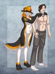 2013 abstract_background anthro aurasoul blue_eyes bottomwear brown_hair canid canine canis clothed clothing collar duo eyes_closed female footwear hair human legwear male mammal multicolored_hair nude pants sabretoothed_ermine simple_background socks tail topless two_tone_hair wolf