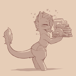 anthro beverage blush blush_lines burger closed_smile clothed clothing container cup drumstick_(food) eyes_closed femboy food hair happy heart_symbol holding_food holding_object hooves horn male mane mane_hair mouth_closed pancake pitcher serving_tray side_view smile solo standing topless cold-blooded-twilight mythology yodi_(oc) equid equine horse mammal mythological_creature mythological_equine pony unicorn 1:1 2025 hi_res monochrome sepia