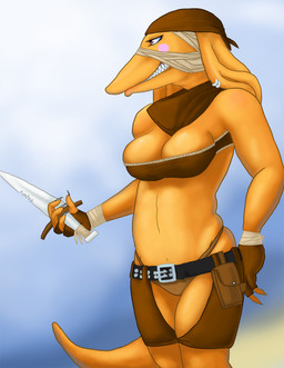 anthro belt breasts cleavage clothed clothing dagger female holding_object holding_weapon melee_weapon midriff navel skimpy solo tail weapon 9go final_fantasy square_enix bangaa