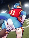 anthro anus assisted_exposure ball balls blue_body blue_fur blush butt duo football_field football_jersey football_posts football_uniform fur genitals holding_ball holding_object looking_back male offscreen_character pantsing presenting presenting_anus presenting_hindquarters thick_thighs whiskers wide_hips ventkazemaru mammal mustelid otter river_otter 2023 digital_media_(artwork) hi_res watermark