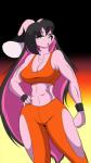 anthro big_breasts big_ears black_hair bottomwear breasts cleavage clothed clothing facial_markings female floppy_ears fur green_eyes hair head_markings long_ears long_hair markings multicolored_hair pants pink_body pink_fur pink_hair shirt solo topwear two_tone_hair mastergodai rascals jazmin_usagi lagomorph leporid mammal rabbit 2016 hi_res