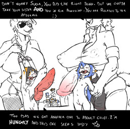 animal_genitalia animal_penis anthro arms_above_head ball_gag balls big_breasts big_penis blue_hair blush bodily_fluids breasts canine_genitalia canine_penis cleavage clothed clothing collar crying dialogue dominant dominant_female equine_genitalia equine_penis erection eyewear female flat_chested forced gag gagged genitals glasses group gynomorph hair implied_cannibalism intersex it'll_never_fit kidnapping knot nipple_outline nipples nude penis penis_on_shoulder rape sex shirt size_difference slave smaller_female tears text topwear vein vulva young young_anthro darkminou whitekitten canid canine canis domestic_cat felid feline felis jackal mammal comic english_text