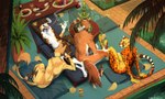 ambiguous_gender anthro beverage bottle buffet casual_nudity chair claws container convenient_censorship cup food fruit fur furniture grape group holding_bottle holding_container holding_object hookah hookah_pipe inside lounge_chair markings meat meat_on_bone nude pawpads pillow plant plant_pot plate pointy_ears prick_ears reclining sitting sitting_on_pillow smile smoke smoke_from_mouth social_nudity spots striped_markings striped_tail stripes table tail tail_markings tail_tuft tassle toe_claws tuft water whiskers white_body white_fur twistedteeth canid canine canis cheetah domestic_dog felid feline mammal 2025 digital_media_(artwork) hi_res