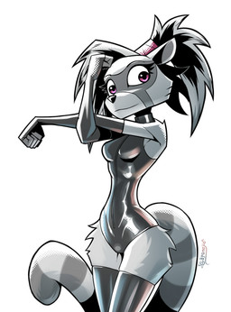 accessory anthro armwear biped black_armwear black_clothing black_collar black_elbow_gloves black_gloves black_handwear black_legwear black_nose black_stockings breasts clothed clothed_anthro clothed_female clothing collar crossed_arms elbow_gloves eyeliner facial_markings female female_anthro fur gloves grey_body grey_fur grey_hair hair hair_accessory hair_tie handwear head_markings leather leather_clothing leather_topwear legwear light looking_at_viewer makeup markings mask_(marking) pink_eyes ponytail shadow sidecut simple_background slim slim_anthro slim_female small_breasts solo standing stockings striped_markings striped_tail stripes tail tail_markings thick_thighs topwear white_background wide_hips gatonejo do_(gatonejo) mammal procyonid raccoon 2026 absurd_res digital_drawing_(artwork) digital_media_(artwork) hi_res signature