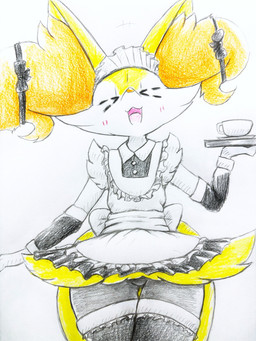 >o< ambiguous_anthro ambiguous_gender anthro biped blush butt butt_from_the_front clothed clothed_anthro clothing container cup dress emanata eyes_closed featureless_crotch holding_tray legwear maid_uniform mug open_:3 open_mouth open_smile simple_background smile snout solo standing stockings tongue uniform white_clothing white_legwear white_stockings eiroru nintendo pokemon braixen canid generation_6_pokemon mammal pokemon_(species) 2024 3:4 colored_pencil_(artwork) graphite_(artwork) hi_res portrait three-quarter_portrait traditional_media_(artwork)