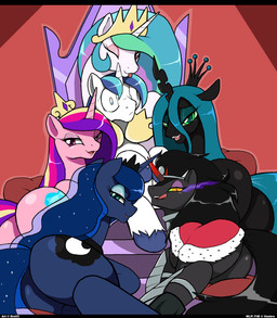 black_bars black_hair butt cape chair clothing crossgender crown cutie_mark female feral fur furniture green_hair group hair harem headgear horn male multicolored_hair open_mouth pillow red_background simple_background smile throne tongue tongue_out droll3 friendship_is_magic hasbro my_little_pony mythology king_sombra_(mlp) princess_cadance_(mlp) princess_celestia_(mlp) princess_luna_(mlp) queen_chrysalis_(mlp) shining_armor_(mlp) arthropod changeling_(mlp) equid equine mammal mythological_creature mythological_equine unicorn 2018 hi_res letterbox