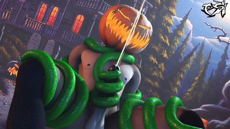 anthro balls black_body black_fur bodily_fluids brown_body brown_fur cum cumshot ejaculation erection food for_a_head fruit fur genital_fluids genitals green_tentacles humanoid_genitalia humanoid_penis jack-o'-lantern male multicolored_body multicolored_fur nude_anthro nude_male penis plant pumpkin pumpkin_head restrained restrained_by_tentacles solo tentacle_around_arm tentacle_around_leg tentacle_around_penis tentacles two_tone_body two_tone_fur psikokinetic warfaremachine_(modeler) psiko_(psikokinetic) canid canine canis jackal mammal object_head 16:9 2025 3d_(artwork) digital_media_(artwork) hi_res widescreen