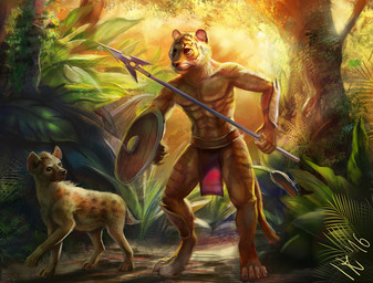 anthro armor biped bottomwear clothing digitigrade duo feral forest jungle loincloth male melee_weapon plant polearm quadruped shield spear tail tree warrior weapon red-izak felid hyena mammal pantherine spotted_hyena tiger 2016