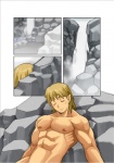 blonde_hair comic dark_ron elf eyes_closed hair humanoid humanoid_pointy_ears japanese japanese_text male mammal muscular muscular_humanoid muscular_male nipples not_furry nude rock shunpei_nakata solo text water waterfall