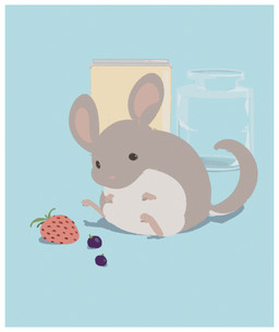 ambiguous_gender black_eyes blueberry_(fruit) border feral food fruit fur grey_body grey_fur plant solo strawberry toony white_border oouyuki_benten mammal mouse murid murine rodent 2014