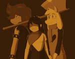 anthro armor axe battle_axe bracelet clothing group jacket jewelry robe scarf shirt topwear trio tunic artesderatzyu deltarune undertale_(series) kris_(deltarune) ralsei susie_(deltarune) bovid caprine goat human mammal reptile scalie absurd_res hi_res monochrome sepia