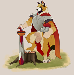 animal_genitalia anthro armor balls big_balls big_sheath bottomless bottomless_anthro bottomless_male breastplate cape closed_sheath_slit clothed clothing genitals headgear helmet jewelry knight looking_at_viewer male male_anthro melee_weapon muscular muscular_anthro muscular_male necklace pink_sheath_slit sheath sheath_slit simple_background smile solo standing sword tail teeth tree_stump warrior weapon likanen shadydog canid canine canis domestic_dog german_shepherd herding_dog mammal pastoral_dog 2022 hi_res