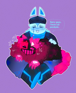 alternate_species ambiguous_gender anthro biped black_clothing black_jacket black_topwear blue_body blue_boots blue_bottomwear blue_clothing blue_footwear blue_fur blue_pants bodily_fluids boots bottomwear clothed clothing crown crying daww dialogue duo feral floating_ears footwear fully_clothed fur glitch glowing glowing_body glowing_fur happy headgear jacket male official_alternate_costume on_lap pants petting pink_body pink_fur purple_background purring quadruped shoes simple_background sitting sitting_on_lap tears text topwear spyrelis forsaken_(roblox) just_shapes_and_beats roblox blixer_(jsab) elliot_(forsaken) john_doe_(forsaken) sad_cube domestic_cat felid feline felis mammal robloxian unknown_species english_text hi_res