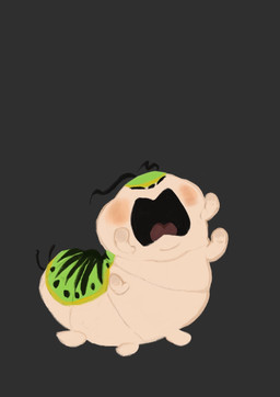 2_antennae 4_arms ambiguous_feral ambiguous_gender angry blush eyes_closed featureless_hands featureless_legs feral green_back grey_background light_body markings monotone_background multi_arm multi_limb open_mouth raised_arms simple_background solo striped_markings stripes young young_ambiguous young_feral imur0808 disney hoppers_(disney) pixar titus_(hoppers) arthropod caterpillar insect larva 2026 digital_media_(artwork) flat_colors hi_res