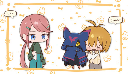 anthro black_body black_fur blonde_hair blush cloak clothing cowl embarrassed female fur group hair male pink_hair trio 3567days bandai_namco digimon digimon_beatbreak hotaruko_kanuma makoto_kuonji chiropmon digimon_(species) human mammal