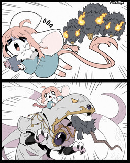 ambiguous_gender angry anthro bite bodily_fluids braided_hair buckteeth carrying_another chasing cloak clothing female fire_eyes fur gloom_lines hair in_mouth male on_head open_mouth pink_hair robe running_away scales scared sweat teeth white_body white_fur white_scales kudoliya elden_ring fromsoftware miruku_(kudoliya) slim_(kudoliya) tarnished_(elden_ring) mammal mouse murid murine rat reptile rodent scalie snake 2025 4:5 comic digital_drawing_(artwork) digital_media_(artwork) hi_res signature