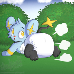 3_fingers 3_toes ambiguous_gender black_body black_fur black_tail blue_body blue_fur clean_diaper clothed clothing cloud cloud_emanata diaper diaper_only diaper_puff emanata feet feral fingers fur grass head_tuft heart_symbol looking_back lying multicolored_body multicolored_fur on_front open_mouth patreon_username plant red_nose shrub sky solo tail text toes topless tuft wearing_diaper white_diaper yellow_body yellow_fur yellow_inner_ear shadyadi nintendo pokemon generation_4_pokemon pokemon_(species) shinx 1:1 artist_name hi_res signature url