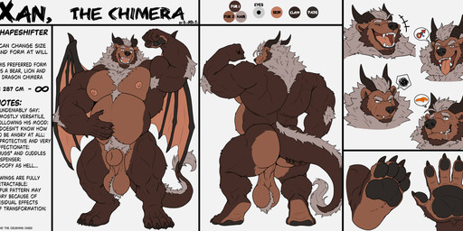 animal_genitalia annoyed anthro arm_tuft armpit_hair ball_tuft balls barazoku bear_ears beard biceps big_balls big_hands big_muscles biped black_nose blush bodily_fluids body_hair brown_body brown_fur butt canine_genitalia chest_hair claws digitigrade drooling elbow_tuft expressions eyebrows facial_hair fangs feet flexing flexing_bicep front_view fully_sheathed fur genitals grey_mane happy holding_tail horn huge_muscles hungry laugh looking_at_viewer male mane musclegut muscular muscular_anthro muscular_legs muscular_male nipples nude open_mouth overweight pawpads pecs pubes rear_view saggy_balls saliva sheath simple_background smile standing tail tail_tuft teeth text thick_eyebrows toes tongue tongue_out tuft wings xyandrith mythology xan_the_chimera bear chimera dragon felid hybrid lion mammal mythological_creature mythological_scalie pantherine scalie absurd_res english_text hi_res model_sheet