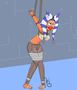 5_fingers 5_toes ball_gag barefoot bdsm blue_eyes blue_floor bondage bottomwear bound brown_bottomwear brown_clothing brown_jeans brown_pants brown_rope clothing cross-eyed denim denim_bottomwear denim_clothing feet female female_humanoid fingers gag humanoid_face humanoid_feet humanoid_hands jeans lekku_(anatomy) looking_up midriff navel orange_body orange_skin pants plantigrade red_ball_gag restraints rope rope_bondage sex_toy solo strappado toes vibrator holdthebutter clone_wars star_wars ahsoka_tano alien alien_humanoid humanoid togruta absurd_res digital_drawing_(artwork) digital_media_(artwork) english_description hi_res ibispaint_(artwork)