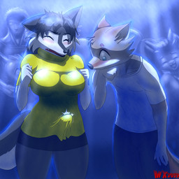 anthro blush blush_lines clothing erection erection_under_clothing female group herm intersex male nightclub monkeyxflash canid canine canis coyote domestic_dog human husky mammal nordic_sled_dog spitz 1:1