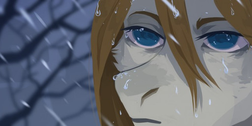 anthro blue_eyes blue_pupils brown_hair cheek_tuft ears_back facial_tuft female fur grey_body grey_fur hair mouth_closed narrowed_eyes outside pivoted_ears plant pupils snow snowing solo tree tuft unsigned corzh77 species_request