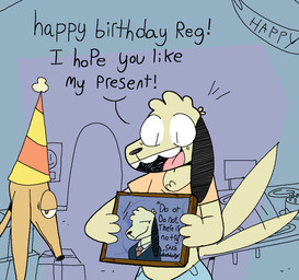 anthro banner birthday birthday_cake birthday_gift birthday_party black_body black_ears black_fur black_text blue_bottomwear blue_clothing bottomwear brown_body brown_eyes brown_fur cake chair chest_tuft clothing crop_top denim denim_bottomwear denim_clothing dessert dialogue duo floppy_ears food fur furniture gift happy hat head_tuft headgear headwear holding_object holding_picture inside male multicolored_body multicolored_fur necktie open_mouth party_hat photo picture_frame plate quote shirt sketch_background smile smiley_face standing suit table tail tail_motion tailwag tan_body tan_fur text topwear tuft agusta reg_(agusta) stich_(agusta) bovid canid canine canis caprine domestic_dog goat mammal 2025 comic english_text one_panel_comic sketch