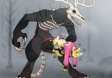 animal_genitalia animal_penis anthro bodily_fluids bone bulge cum duo feet foot_fetish genital_fluids genitals horn male male/male penetration penis saliva size_difference skull skull_head soles threehorns american_mythology indigenous_north_american_mythology mythology north_american_mythology tricero_spikes ceratopsian ceratopsid chasmosaurine dinosaur marginocephalian monster ornithischian prehistoric_species reptile scalie triceratops wendigo hi_res