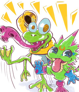 anthro dancing duo green_body humor long_tongue male tongue tongue_out trunpet chstrangell bandai_namco digimon digimon_(species) gekkomon gekomon scalie hi_res