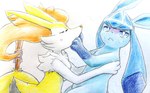 ambiguous_gender anthro blue_body blue_eyes blush blush_lines bodily_fluids duo eyes_closed feral fur hug inner_ear_fluff orange_body orange_fur paws pushing_away simple_background stick sweat tuft white_body white_fur yellow_body yellow_fur eiroru nintendo pokemon braixen canid canine eeveelution generation_4_pokemon generation_6_pokemon glaceon mammal pokemon_(species) 2024 graphite_(artwork) hi_res traditional_media_(artwork)