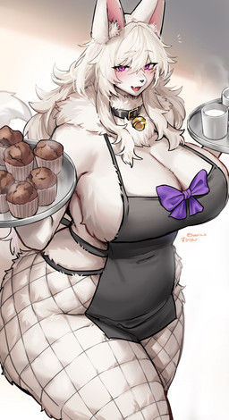 anthro apron apron_only bell bell_collar beverage big_breasts black_clothing black_nose blush bow_tie breasts chest_tuft clothed clothing collar container cup curvy_figure eyelashes female fishnet_clothing fishnet_legwear food food_tray fur hair huge_breasts huge_thighs inner_ear_fluff kemono legwear long_hair looking_at_viewer mature_anthro mature_female messy_hair mostly_nude muffin navel_outline no_underwear open_mouth pink_eyes purple_clothing ribbons simple_background solo tail thick_thighs thin_eyebrows tuft white_body white_fur white_hair wide_hips suurin_2 cattleya_mari canid canine canis mammal wolf 2025 detailed digital_drawing_(artwork) digital_media_(artwork) hi_res shaded signature
