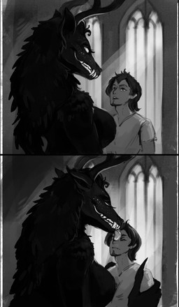 anthro antlers assertive_female big_breasts black_body black_fur breasts church claws dominant dominant_female duo face_lick fangs female female_anthro fur happy horn human_on_anthro interspecies larger_anthro larger_female licking male male/female male_human shoulder_grab size_difference smaller_human smaller_male submissive submissive_human submissive_male teeth tongue white_eyes window lenika vitaly_s_alexius american_mythology indigenous_north_american_mythology mythology north_american_mythology stupid_sexy_cryptids ashcroft ashcroft_"ash"_julian_clifford starshade cryptid human mammal wendigo absurd_res comic hi_res monochrome