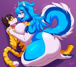 anthro big_breasts big_butt black_hair blue_body blue_fur blue_hair blush bodily_fluids breasts butt collar duo female fluffy fluffy_tail french_kissing from_front_position fur hair huge_breasts huge_butt interspecies kissing larger_female larger_on_top larger_penetrated male male/female mastery_position on_top orange_body orange_fur penetration saliva saliva_string sex size_difference smaller_male striped_body striped_fur stripes tail thick_thighs voluptuous_anthro voluptuous_female white_body white_fur baniflakes elyse_(baniflakes) alaskan_malamute canid canine canis domestic_dog felid mammal nordic_sled_dog pantherine spitz tiger hi_res