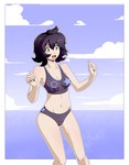 bikini black_eyes black_hair breasts clothing cloud detailed_background female hair human_only navel not_furry open_mouth outside sea short_hair solo standing surprise swimwear two-piece_swimsuit water materclaws human mammal 2016 comic