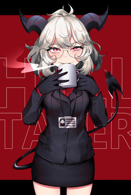 bottomwear breasts business_suit clothed clothing container cup female fully_clothed gloves hair handwear horn looking_at_viewer not_furry pencil_skirt red_eyes simple_background skirt smile solo spade_tail suit tail white_hair wakamepiza helltaker pandemonica_(helltaker) demon demon_humanoid humanoid 2020 hi_res