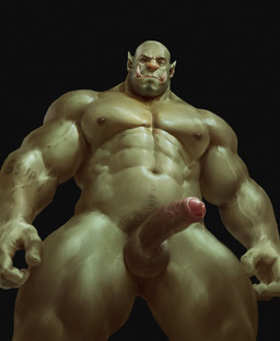 abs bald balls barazoku black_background bodily_fluids dripping foreskin genital_fluids genitals green_body humanoid_genitalia humanoid_penis humanoid_pointy_ears low-angle_view male multicolored_penis muscular muscular_humanoid muscular_male nipples not_furry nude pecs penis pointy_ears precum precum_drip pubes simple_background solo tusks two_tone_penis vein 6suan humanoid orc hi_res