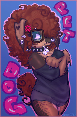 afro anthro boxers_(clothing) claws clothed clothing collar collar_tag cross-popping_vein crossed_arms curly_hair dog_tags ear_piercing eyebrow_piercing eyelashes eyewear facial_piercing female glasses hair markings mole_(marking) multiple_piercings nose_piercing nose_ring off_shoulder oversized_clothing piercing ring_piercing scar self-harm_scars septum_piercing septum_ring solo spiked_collar spikes underwear werehouse canid canine canis domestic_dog mammal absurd_res hi_res